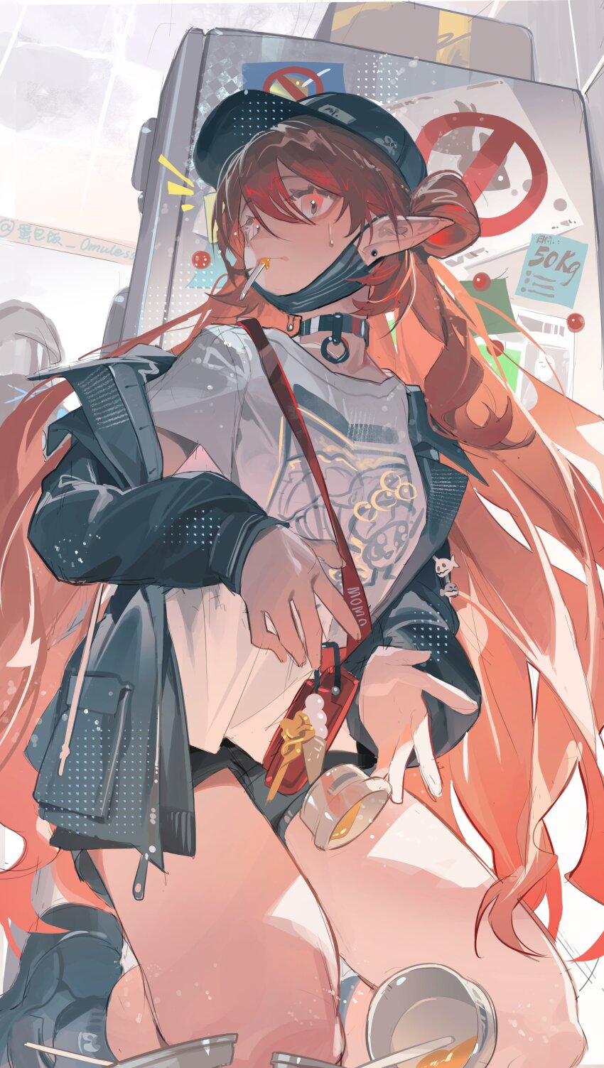 1girl, absurdres, arknights, artist_name, bag, baseball_cap, black_choker, black_hat