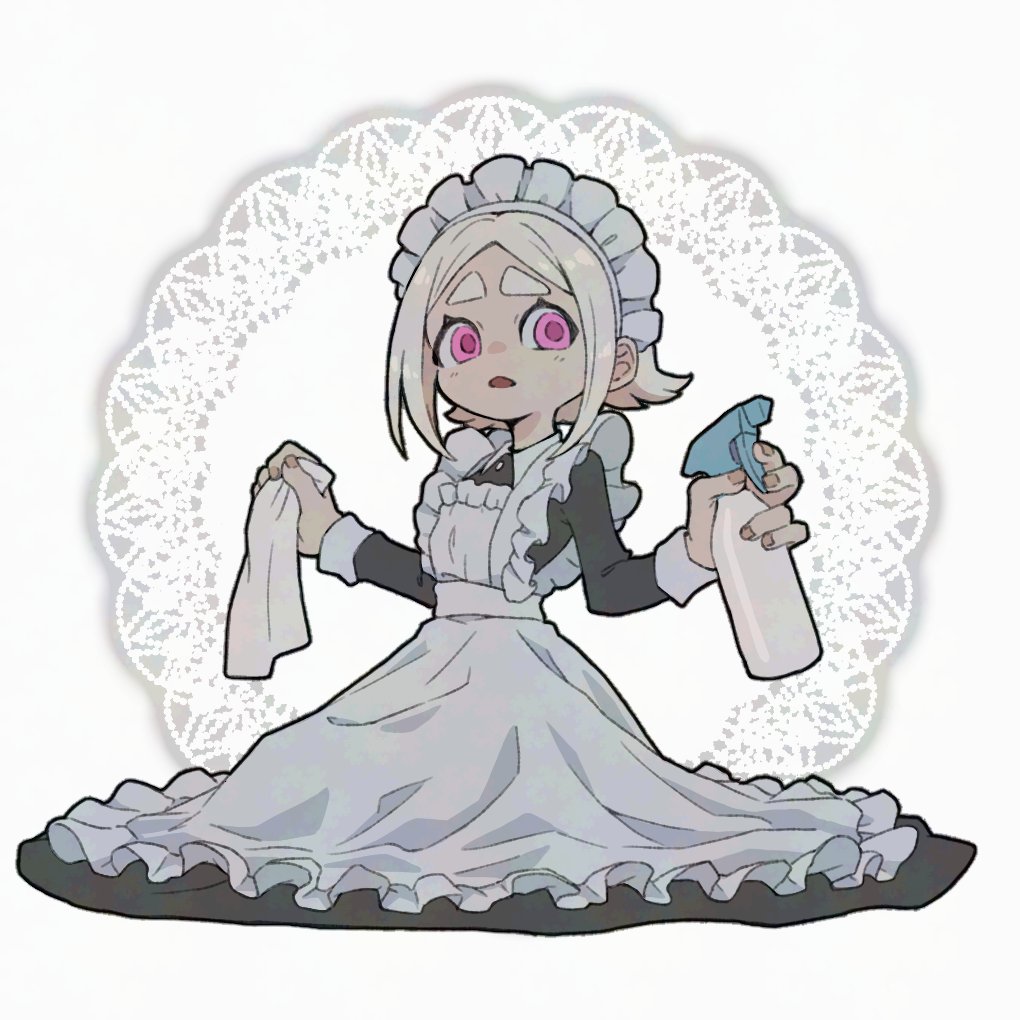 1girl, apron, black_dress, bottle, dress, eishia_stilza, gachiakuta, holding