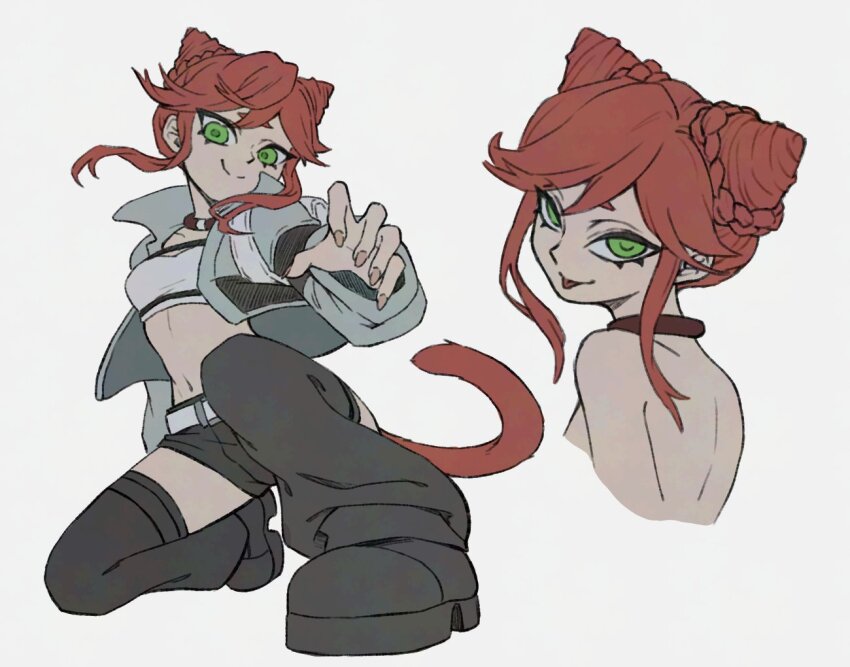 1girl, bandeau, black_shoes, black_shorts, braid, braided_bun, cat_girl, cat_tail