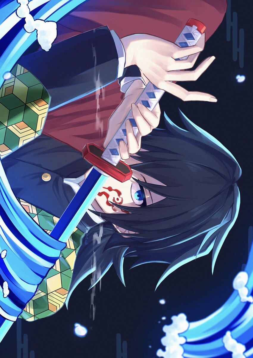 1boy, black_hair, black_jacket, blue_eyes, bont_ill, buttons, demon_slayer_uniform, gold_buttons