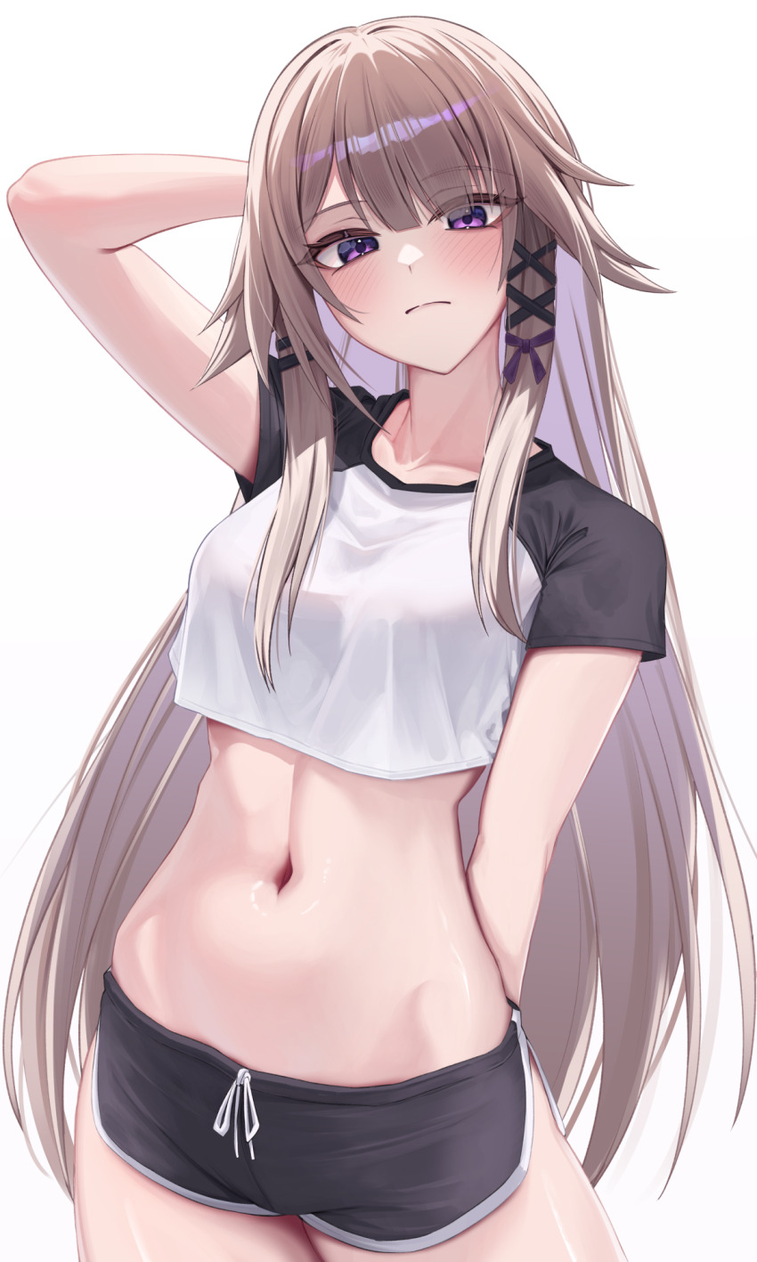 1girl, alternate_costume, arm_behind_back, arm_behind_head, arm_up, black_shorts, blush, breasts, brown_hair, closed_mouth, collarbone, colored_inner_hair, commentary, cowboy_shot, crop_top, dolphin_shorts, hair_ribbon, herta_(honkai:_star_rail), highres, honkai:_star_rail, honkai_(series), linea_alba, long_hair, looking_at_viewer, medium_breasts, multicolored_hair, navel, nyo2_ng, purple_eyes, purple_hair, purple_ribbon, ribbon, shirt, short_sleeves, shorts, simple_background, solo, stomach, the_herta_(honkai:_star_rail), thighs, very_long_hair, white_background, white_shirt