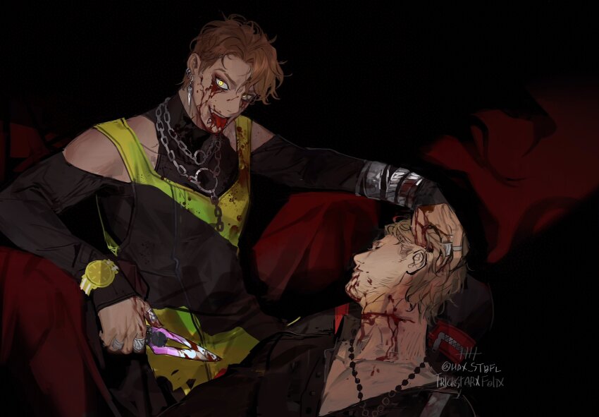 2boys, absurdres, blood, bound, brown_hair, commentary, crazy_eyes, dead_by_daylight