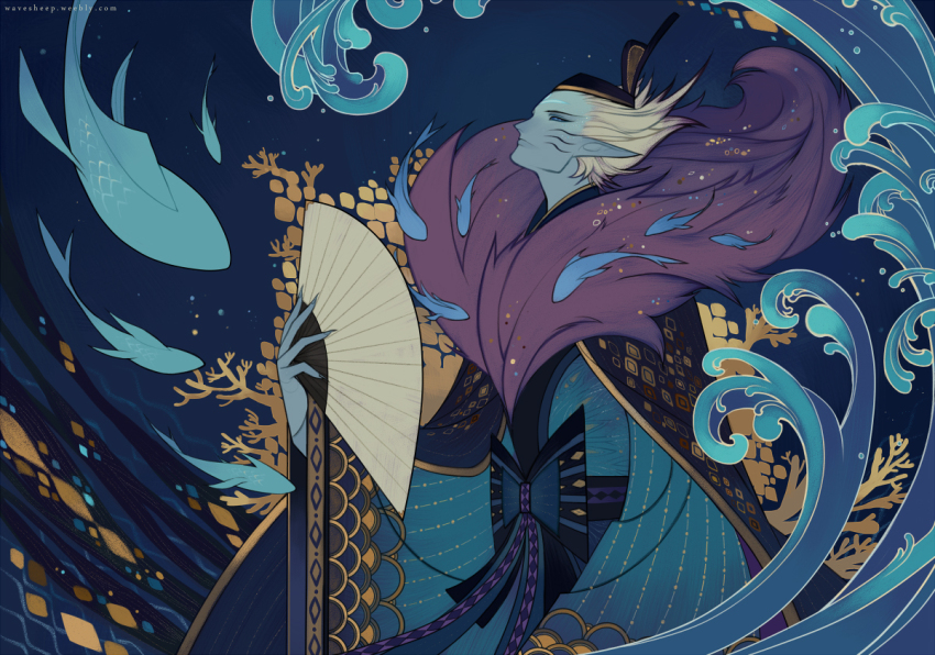 1boy, arakawa_no_aruji_(onmyoji), blue_background, fish, hand_fan, holding, holding_fan, long_sleeves, onmyoji, pointy_ears, solo, standing, wavesheep, waving, white_hair