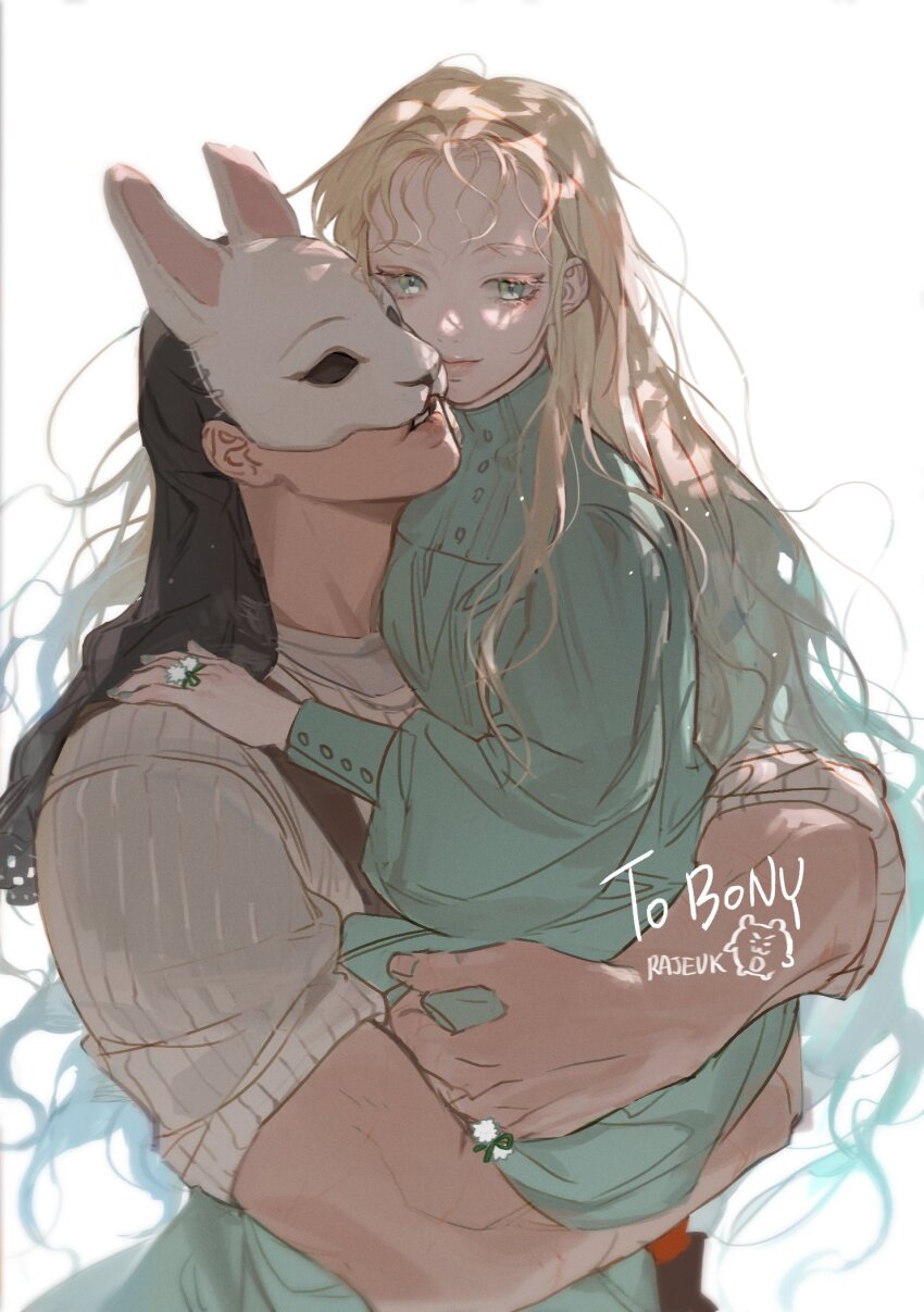 1boy, 1girl, black_hair, blonde_hair, blue_dress, blue_eyes, couple, dress