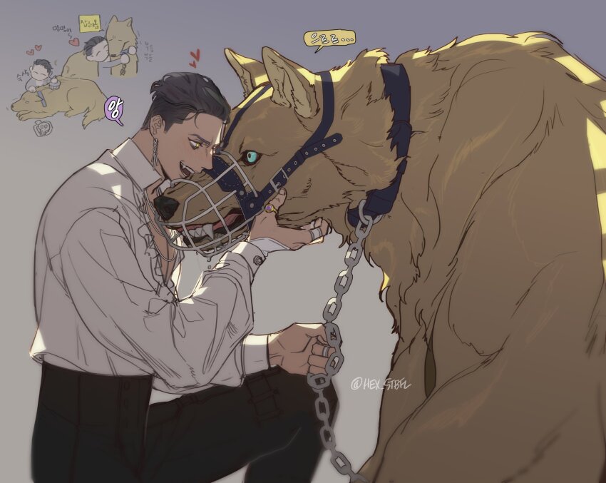 1boy, black_hair, bound, commentary, crazy_eyes, dead_by_daylight, hair_slicked_back, hex_stbfl