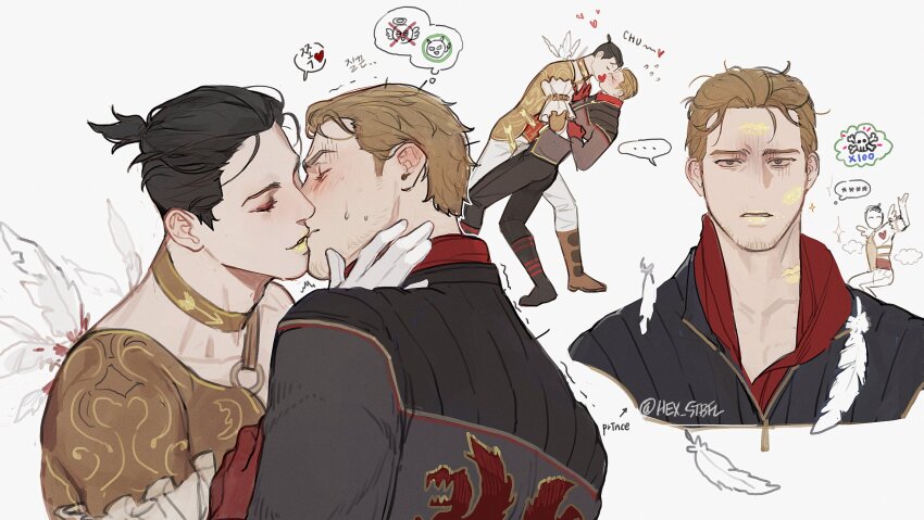 2boys, black_hair, blonde_hair, bound, brown_eyes, commentary, crazy_eyes, dead_by_daylight