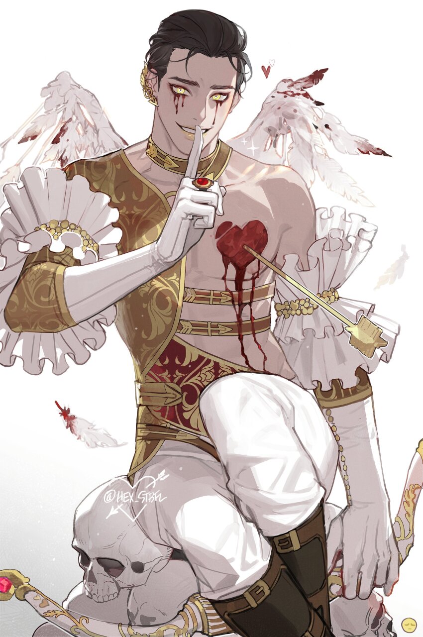 1boy, absurdres, black_hair, blood, bound, commentary, crazy_eyes, dead_by_daylight