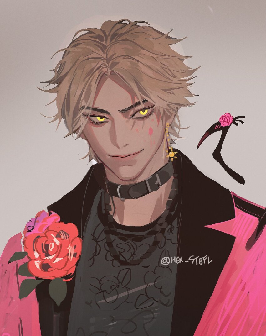 1boy, bound, brown_hair, collar, commentary, dead_by_daylight, flower, hex_stbfl