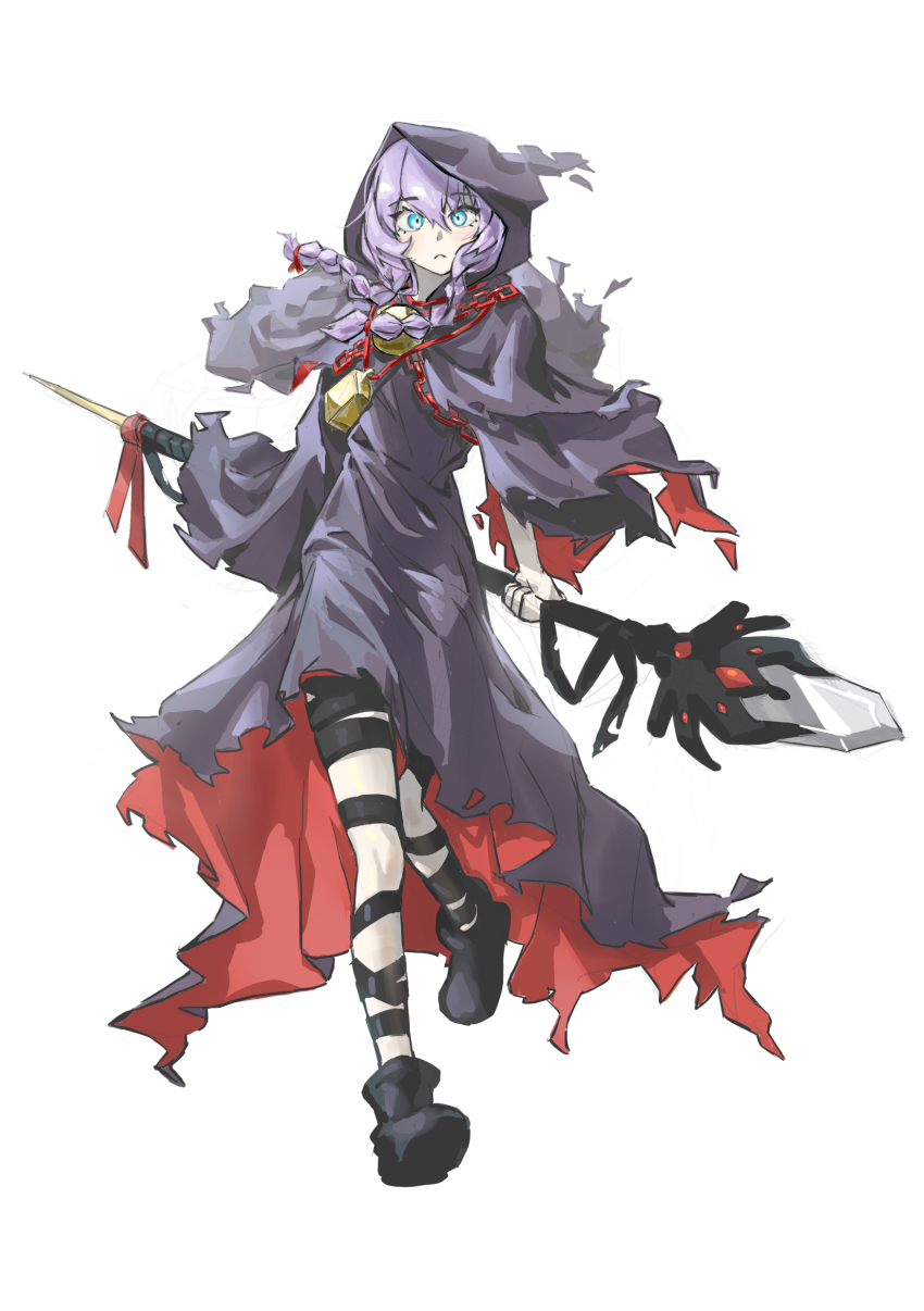 1girl, absurdres, ankle_boots, bandaged_leg, bandages, black_bandages, black_cloak, blue_eyes