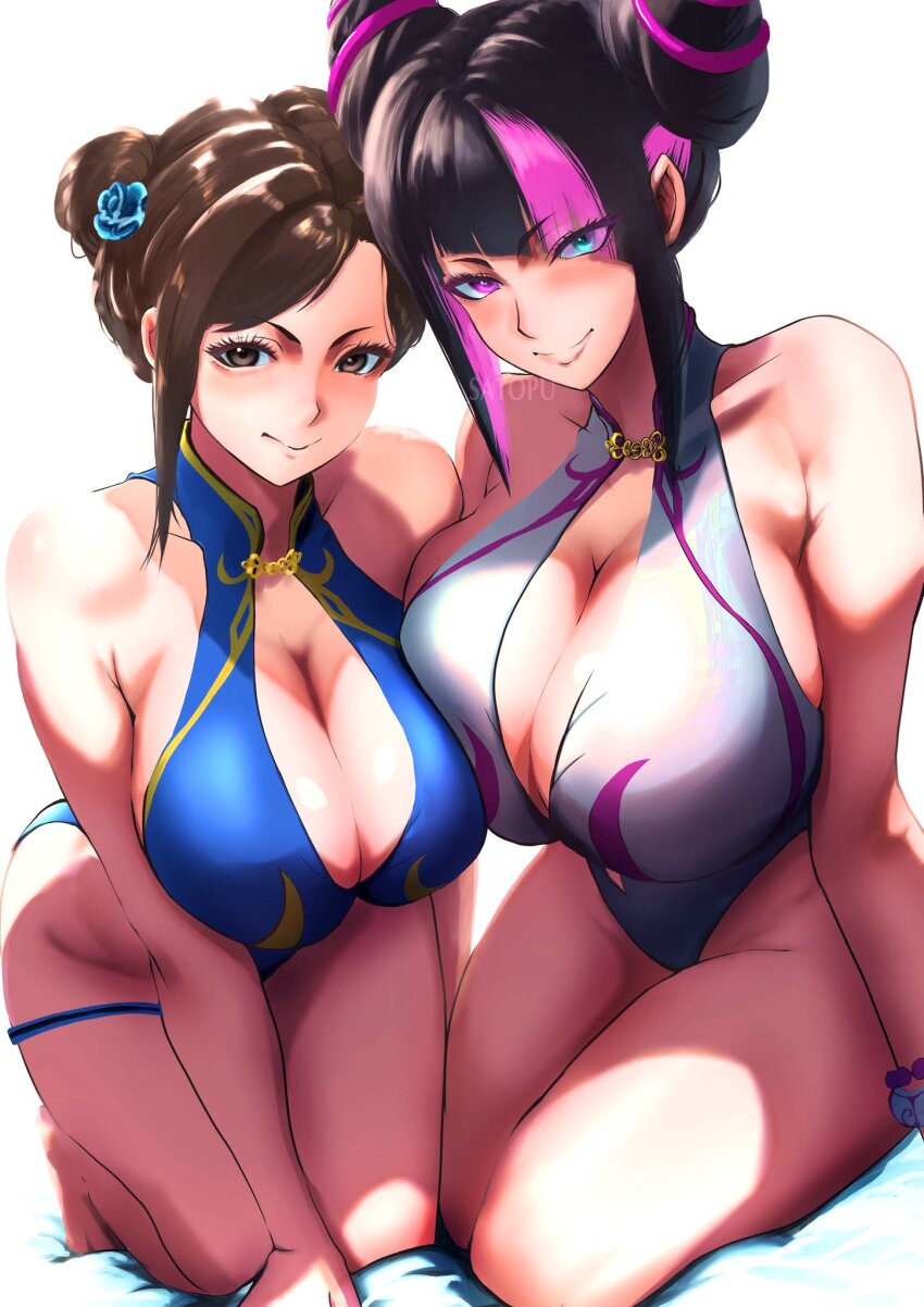 2girls, :>, alternate_costume, bikini, blue_bikini, blue_eyes, breasts, breasts_squeezed_together