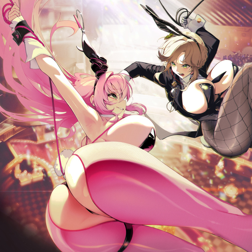2girls, ade_(agent_bunny)_(nikke), ade_(nikke), animal_ear_hairband, animal_ears, armpits, ass, between_breasts, black_leotard, black_necktie, blonde_hair, braid, breasts, bun_with_braided_base, clover, clover_hair_ornament, clover_pin, fake_animal_ears, fishnet_pantyhose, fishnets, four-leaf_clover, four-leaf_clover_hair_ornament, game_cg, gloves, goddess_of_victory:_nikke, green_eyes, hair_bun, hair_ornament, hairband, highleg, highleg_leotard, highres, huge_ass, huge_breasts, jumping, leotard, looking_at_another, medium_sidelocks, midair, multiple_girls, nail_polish, necktie, necktie_between_breasts, non-web_source, official_art, pantyhose, pink_hair, pink_pantyhose, playboy_bunny, rabbit_ear_hairband, rabbit_ears, rabbit_tail, revealing_clothes, single_hair_bun, tail, thigh_strap, undersized_breast_cup, unworn_eyewear, velvet_(nikke), velvet_(sensual_rabbit)_(nikke), white_gloves, wide_hips