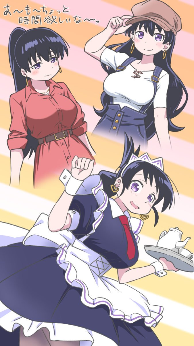 1girl, apron, arato_nagi, black_hair, blue_eyes, blue_overalls, blush, breasts