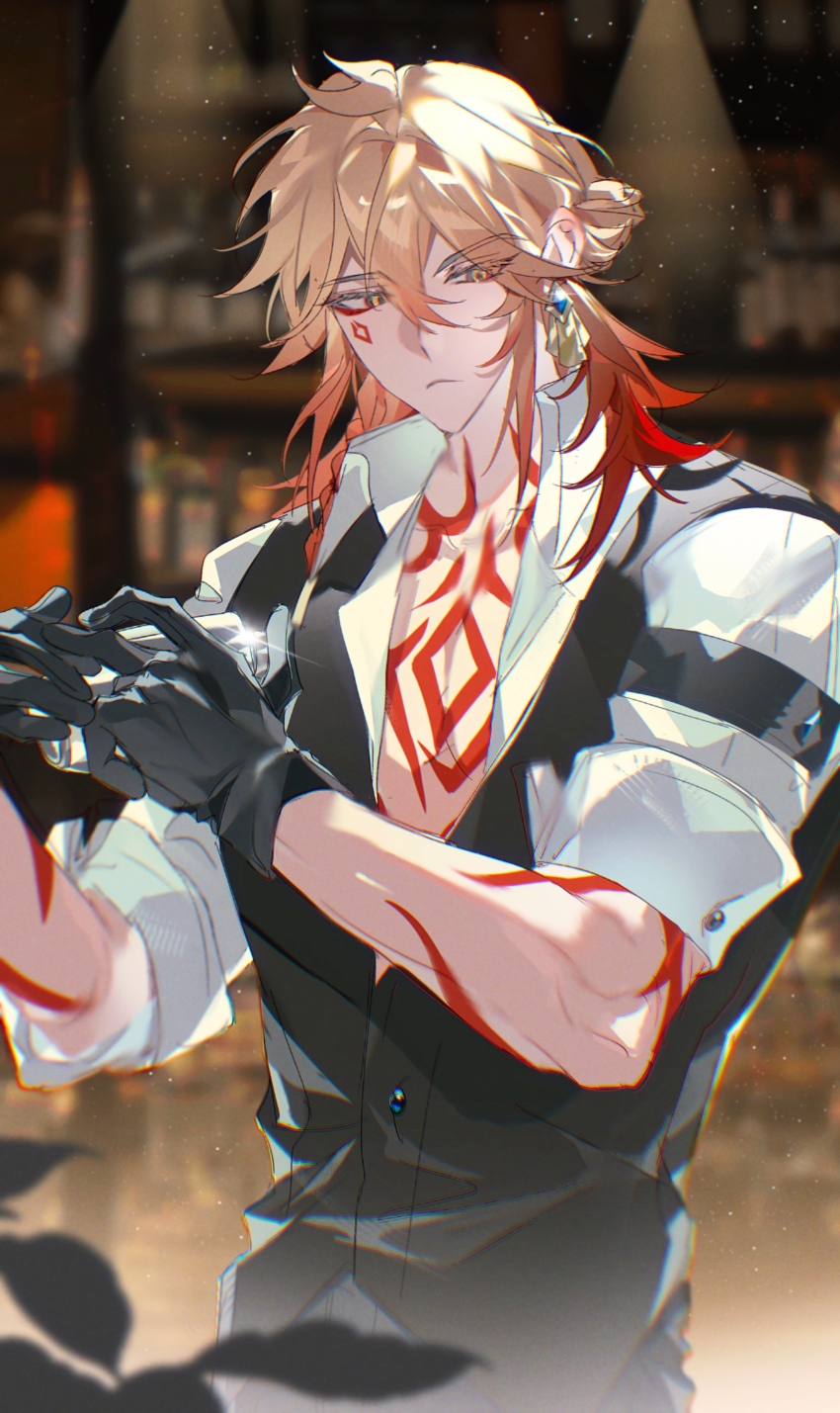 1boy, absurdres, arm_tattoo, bartender, black_gloves, black_vest, blonde_hair, braid