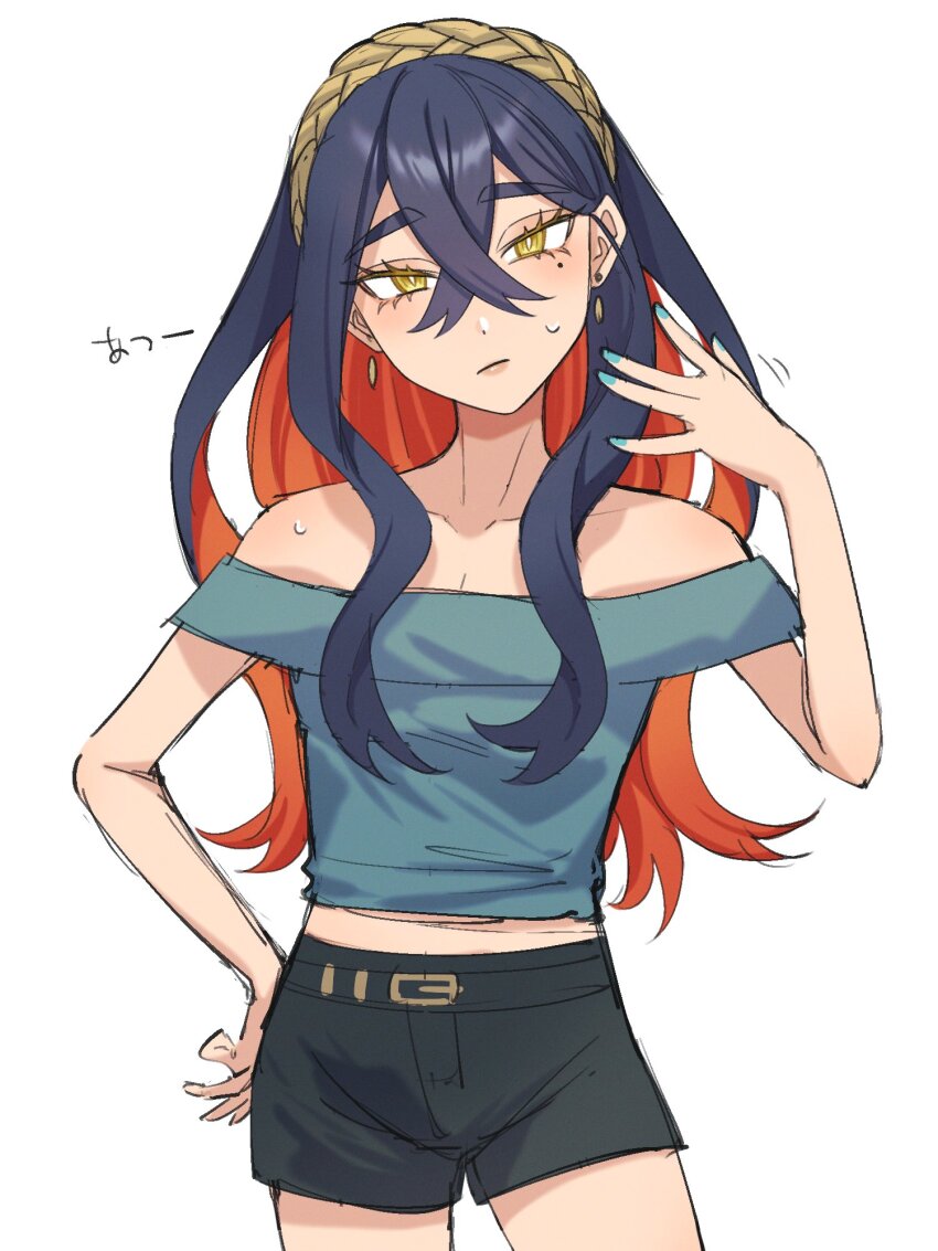 1girl, alternate_costume, bare_shoulders, black_hair, black_shorts, blue_shirt, blush, breasts