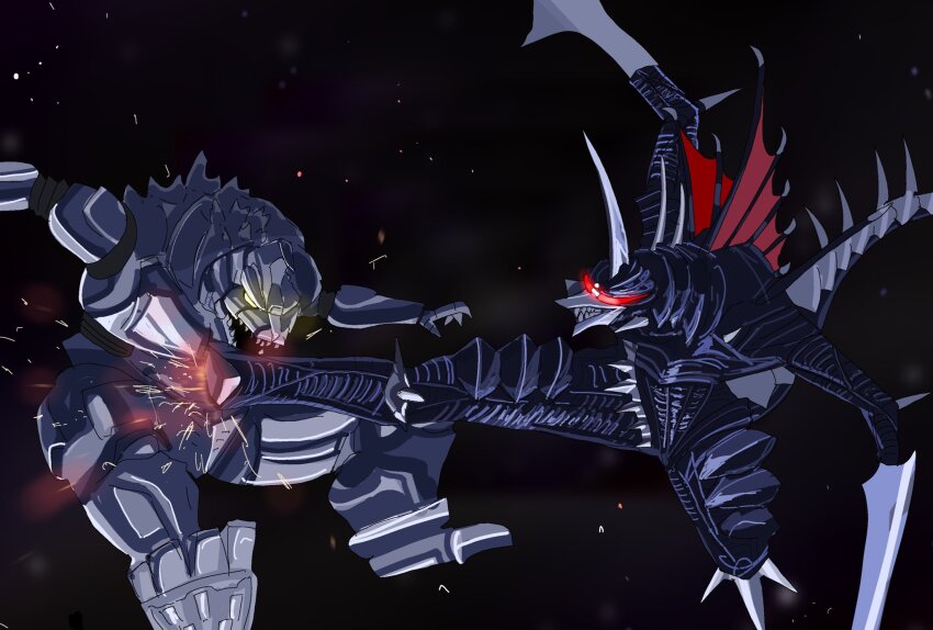 arm_blade, armor, claws, cyborg, fangs, full_body, giant, giant_monster, gigan, gigan_(gigan1024896), godzilla:_final_wars, godzilla_(series), godzilla_vs._mechagodzilla_ii, gundam, highres, horns, kaiju, kicking, mecha, mechagodzilla, mechagodzilla_(1993), meme, mobile_suit_gundam, monster, no_humans, open_mouth, red_eyes, robot, scene_reference, sharp_teeth, space, spikes, tail, teeth, toho, tokusatsu, weapon, wings, yellow_eyes