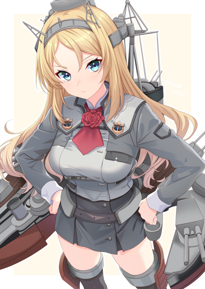 1girl, ascot, blonde_hair, blue_eyes, border, breasts, commentary_request, cowboy_shot, flower, grey_jacket, grey_skirt, hands_on_own_hips, headgear, highres, jacket, kantai_collection, large_breasts, long_hair, long_sleeves, looking_at_viewer, neck_flower, nelson_(kancolle), nelson_kai_(kancolle), red_ascot, red_flower, red_rose, rigging, rose, simple_background, skirt, solo, toketa-sekai, white_border