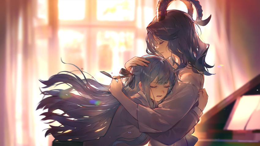 2girls, arknights, bang_dream!, bang_dream!_it's_mygo!!!!!, black_ribbon, blue_hair, blurry, blurry_background