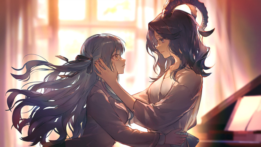 2girls, arknights, bang_dream!, bang_dream!_it's_mygo!!!!!, black_ribbon, blue_eyes, blue_hair, blurry, blurry_background, breasts, game_cg, grey_hair, grey_jacket, hair_ribbon, haneoka_school_uniform, highres, horns, jacket, long_hair, long_sleeves, medium_breasts, medium_hair, mother_and_child, mother_and_daughter, multiple_girls, official_art, parent_and_child, parted_lips, ribbon, school_uniform, sidelocks, tearing_up, third-party_source, togawa_mizuho, togawa_sakiko, yellow_eyes