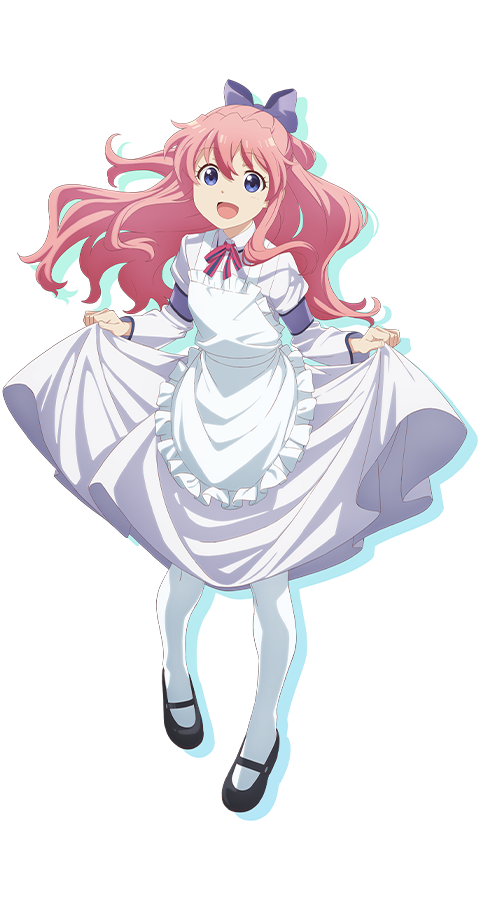 1girl, :d, anime_coloring, apron, black_shoes, blue_eyes, bow, breasts