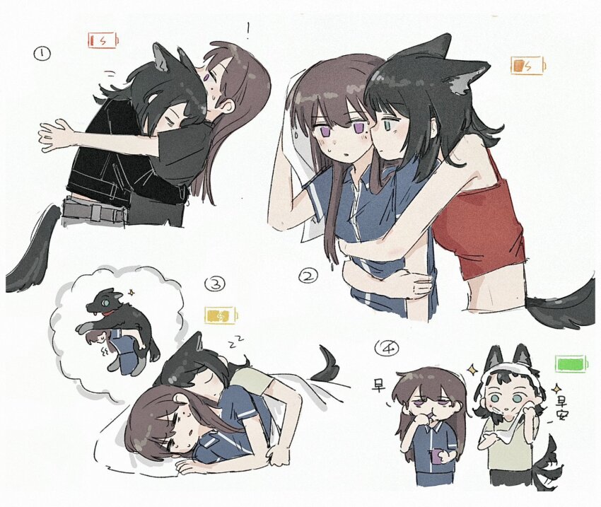 2girls, animal_ears, bang_dream!, bang_dream!_it's_mygo!!!!!, black_jacket, blue_eyes, blue_shirt, brown_hair