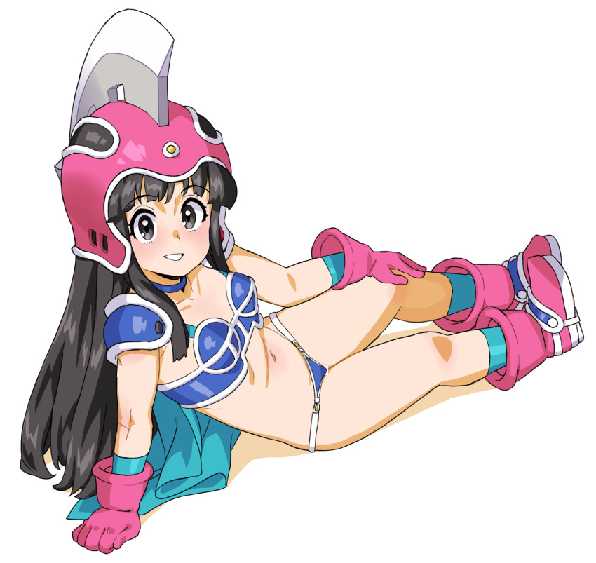 1girl, arm_support, armor, armpit_crease, bikini, bikini_armor, black_eyes, black_hair