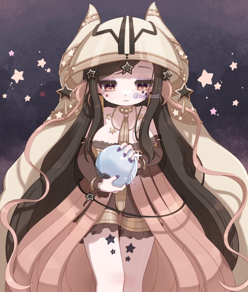 1girl, black_hair, breasts, cloak, crystal_ball, fake_horns, highres, holding