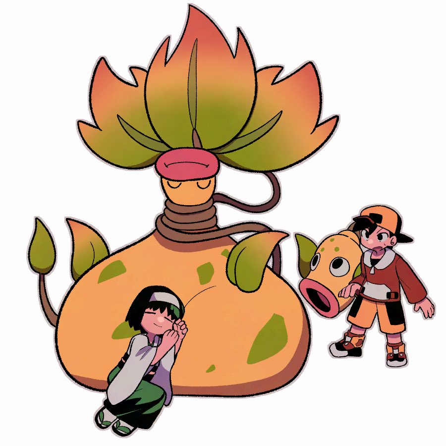 1boy, 1girl, backwards_hat, black_eyes, black_hair, colored_skin, erika_(pokemon), ethan_(pokemon)