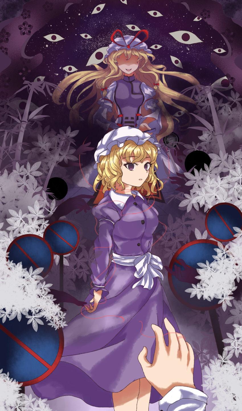 3girls, absurdres, artist_name, blonde_hair, breasts, dress, emloste, empty_eyes