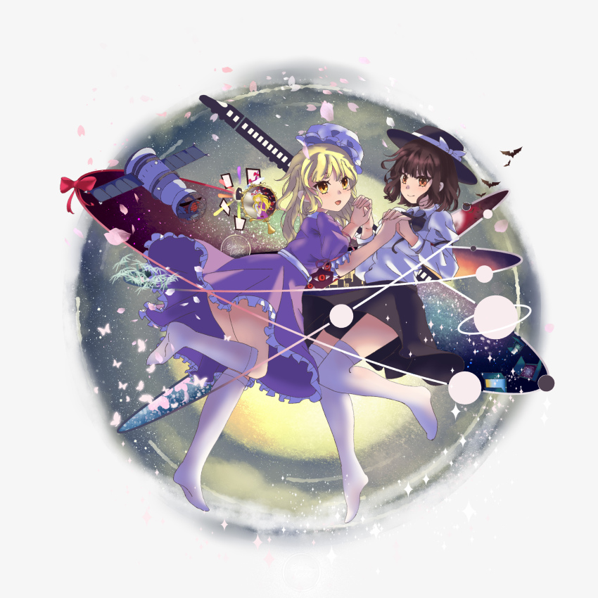 3girls, absurdres, arm_garter, bat_(animal), black_bow, black_bowtie, black_hat, black_skirt, blonde_hair, bow, bowtie, breasts, brown_eyes, brown_hair, bug, butterfly, city, door, dress, emloste, fedora, floating, floating_hat, flower, frills, gap_(touhou), hat, hat_bow, highres, holding_hands, insect, leg_up, maribel_hearn, medium_breasts, multiple_girls, purple_dress, sash, satellite, saturn_(planet), shirt, skirt, sky, socks, space, star_(symbol), string, torifune_(touhou), touhou, train, white_background, white_hat, white_shirt, white_socks, yakumo_yukari, yellow_eyes, yuri
