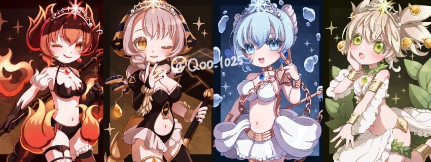 4girls, black_panties, blue_eyes, blue_hair, blush, crown, fire, green_eyes