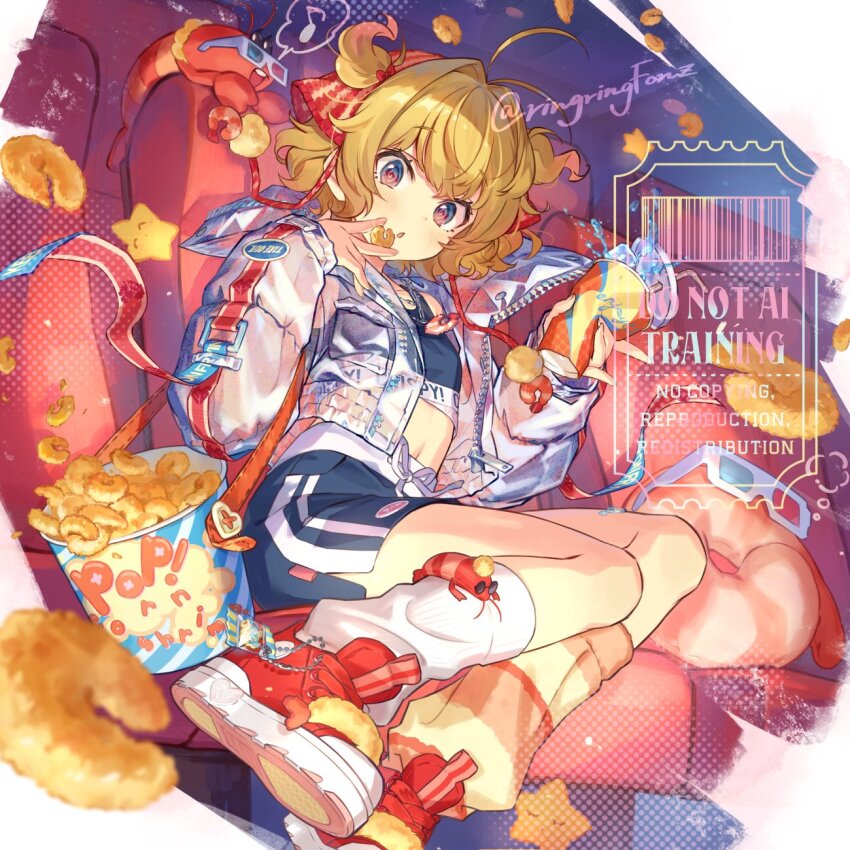 1girl, barcode, blonde_hair, couch, food, highres, holding, holding_food