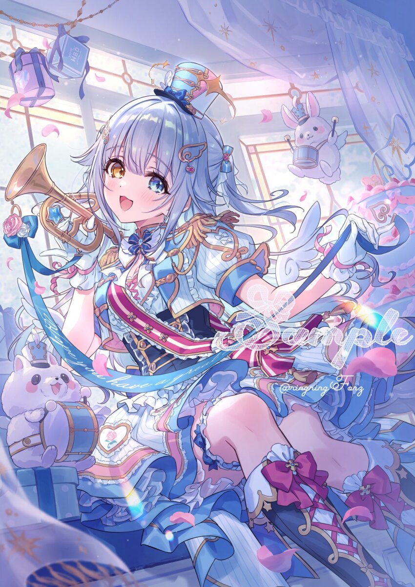 1girl, amane_suya_(vtuber), blue_eyes, blush, bow, breasts, cake, dress