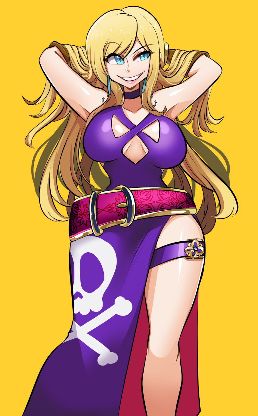 1girl, absurdres, arms_behind_head, b._jenet, b.jenet, badly_tagged_upload, belt, blonde_hair, blue_eyes, breasts, cleavage, cleavage_cutout, clothing_cutout, collarbone, curvy, dress, earrings, fatal_fury, garou:_mark_of_the_wolves, highres, jewelry, large_breasts, long_hair, looking_to_the_side, missandydandy, no_bra, pale_skin, purple_dress, skirt, smile, smiley_face, snk, standing, the_king_of_fighters, the_king_of_fighters_xv, thick_thighs, thigh_strap, thighs, wide_hips