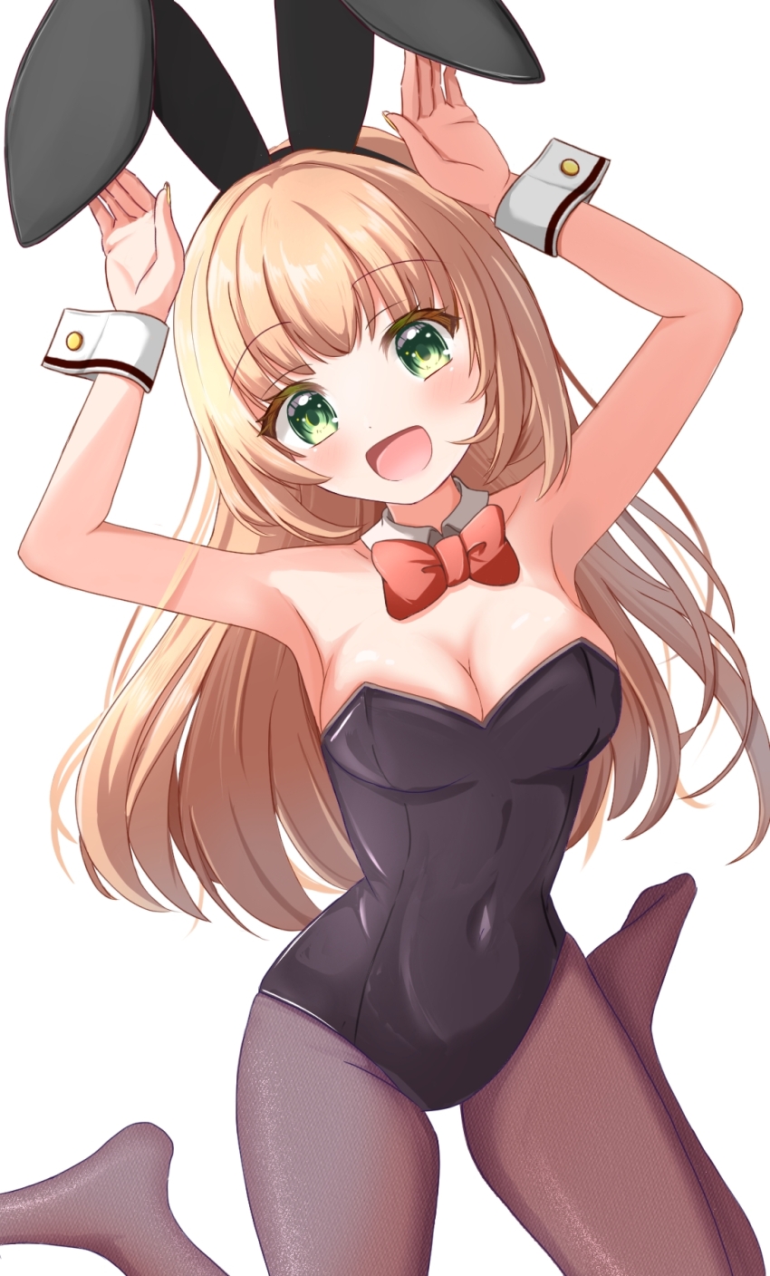 1girl, armpits, arms_up, black_leotard, black_pantyhose, blonde_hair, blush, bow, bowtie, breasts, cleavage, covered_navel, green_eyes, highres, leotard, long_hair, looking_at_viewer, medium_breasts, mike81277424, open_mouth, original, pantyhose, playboy_bunny, rabbit_pose, red_bow, red_bowtie, sitting, smile, solo, traditional_bowtie, wariza, wrist_cuffs