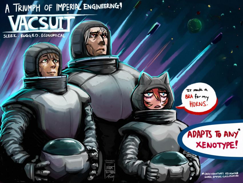 1girl, 2boys, blue_eyes, brown_hair, colored_skin, debris, disclaimer, english_text