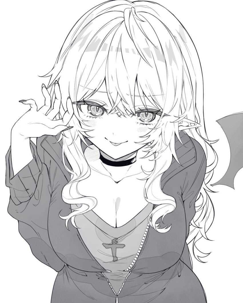 1girl, breasts, choker, cleavage, collarbone, demon_girl, demon_wings, fingernails