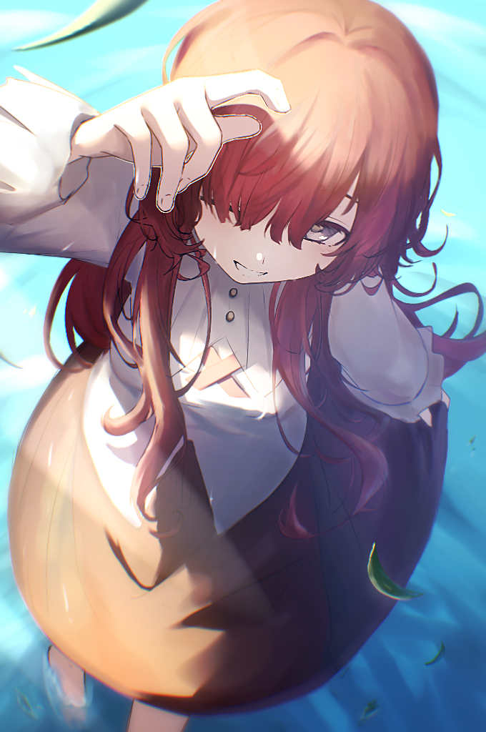 1girl, blue_eyes, feet_out_of_frame, from_above, grin, hair_over_one_eye, hand_up, long_hair