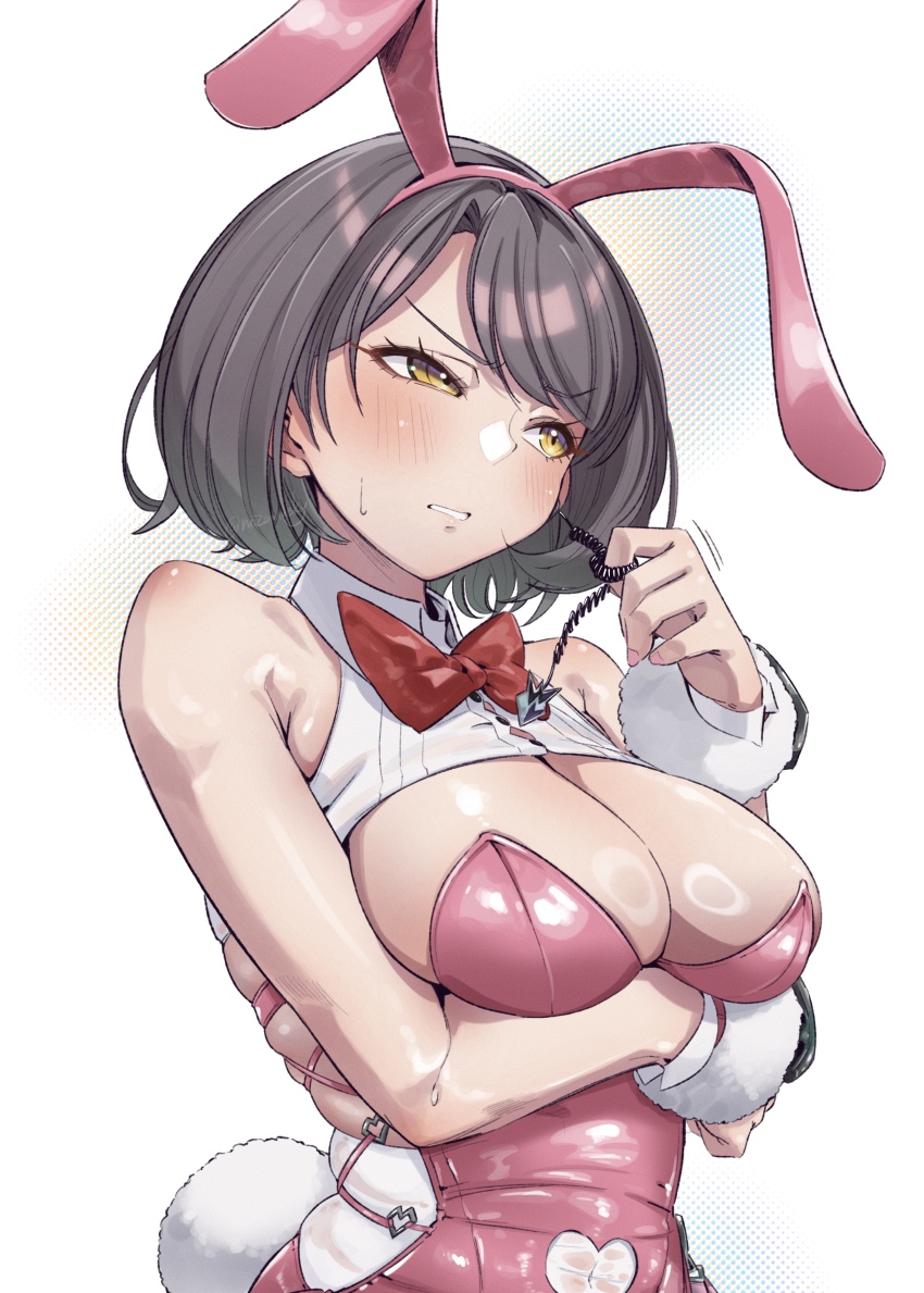 1girl, absurdres, animal_ears, arm_under_breasts, black_hair, blush, bow, bowtie