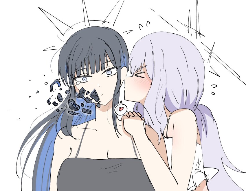 >_<, 2girls, absurdres, atsuko_(blue_archive), black_camisole, black_hair, blue_archive, blue_streaks