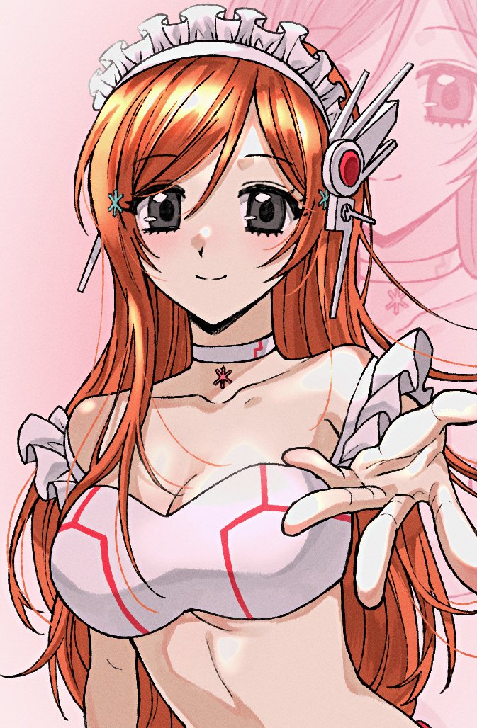 1girl, amugonagurim, bleach, grey_eyes, hair_ornament, inoue_orihime, long_hair, maid_headdress