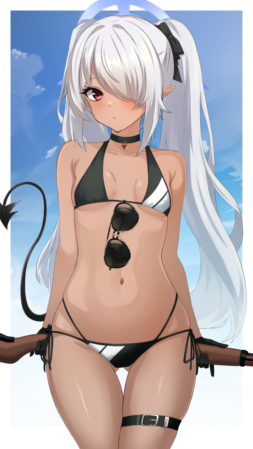 1girl, absurdres, bikini, black_bikini, blue_archive, breasts, dark-skinned_female, dark_skin, day, grey_hair, gun, highres, holding, holding_gun, holding_weapon, iori_(blue_archive), looking_at_viewer, lowleg, navel, red_eyes, sandanjuu, small_breasts, solo, standing, swimsuit, twintails, weapon