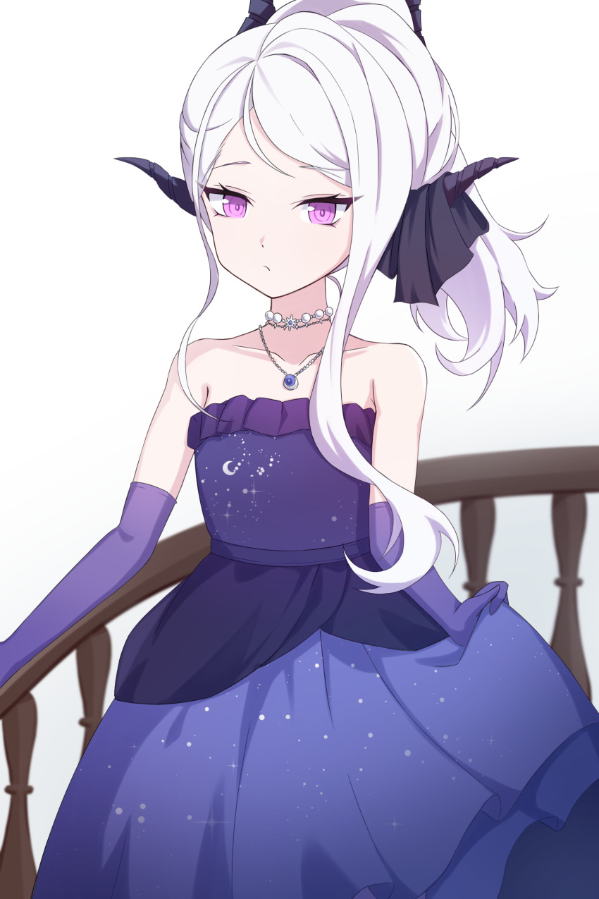 1girl, absurdres, blue_archive, demon_girl, demon_horns, dress, earrings, elbow_gloves