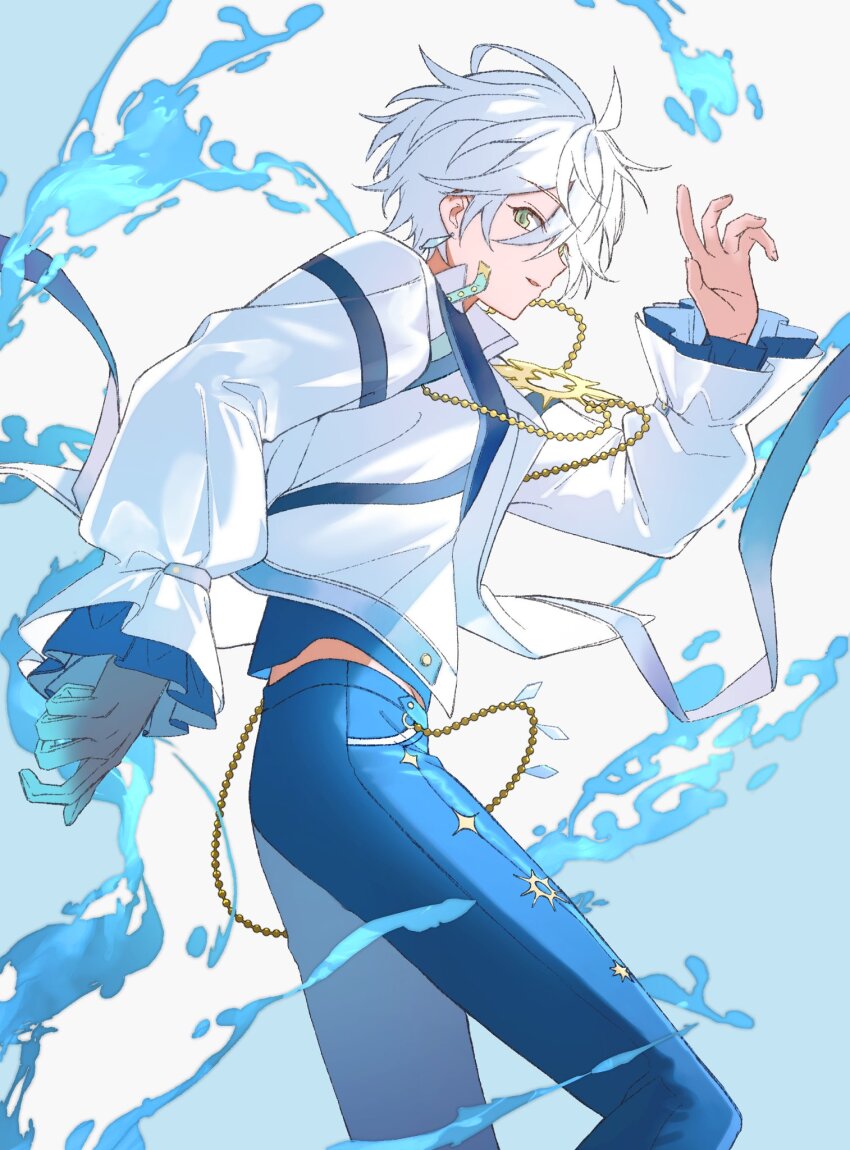 1boy, arm_up, black_pants, ensemble_stars!, frilled_sleeves, frills, from_side, gloves