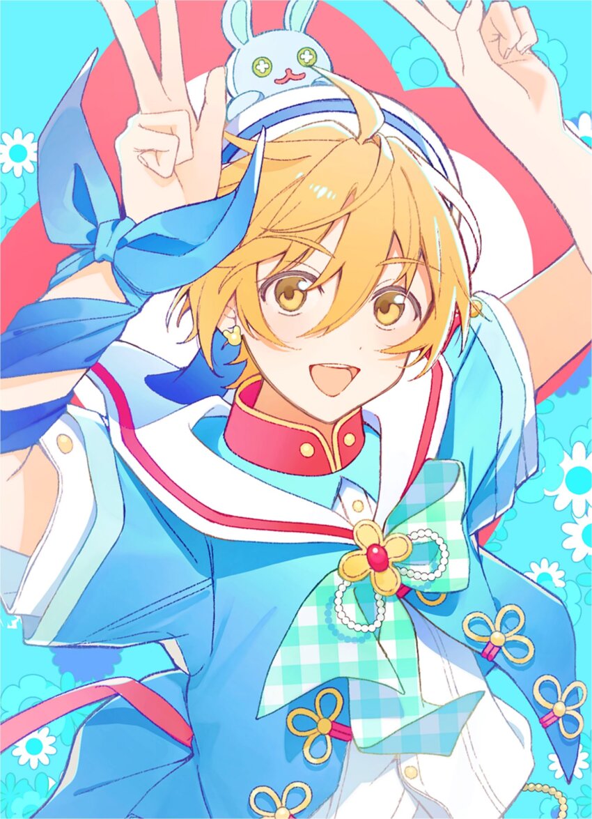 1boy, arms_up, blonde_hair, blue_background, blue_ribbon, bow, brooch, double_v, ensemble_stars!, flower_brooch, hat, high_collar, highres, jewelry, looking_at_viewer, male_focus, mashiro_tomoya, open_mouth, plaid_bow, poia, ribbon, sailor_collar, sailor_hat, short_sleeves, smile, solo, upper_body, v, yellow_eyes