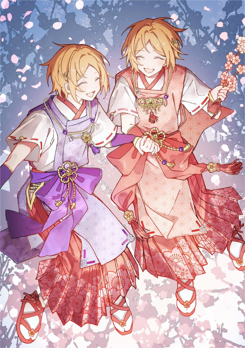 2boys, aoi_yuta, bow, branch, brothers, closed_eyes, ensemble_stars!, falling_petals, flower, from_above, highres, hinata_aoi, holding, holding_branch, japanese_clothes, male_focus, multiple_boys, open_mouth, orange_hair, parted_bangs, petals, poia, purple_bow, red_bow, sandals, short_hair, short_sleeves, siblings, smile, twins, zouri