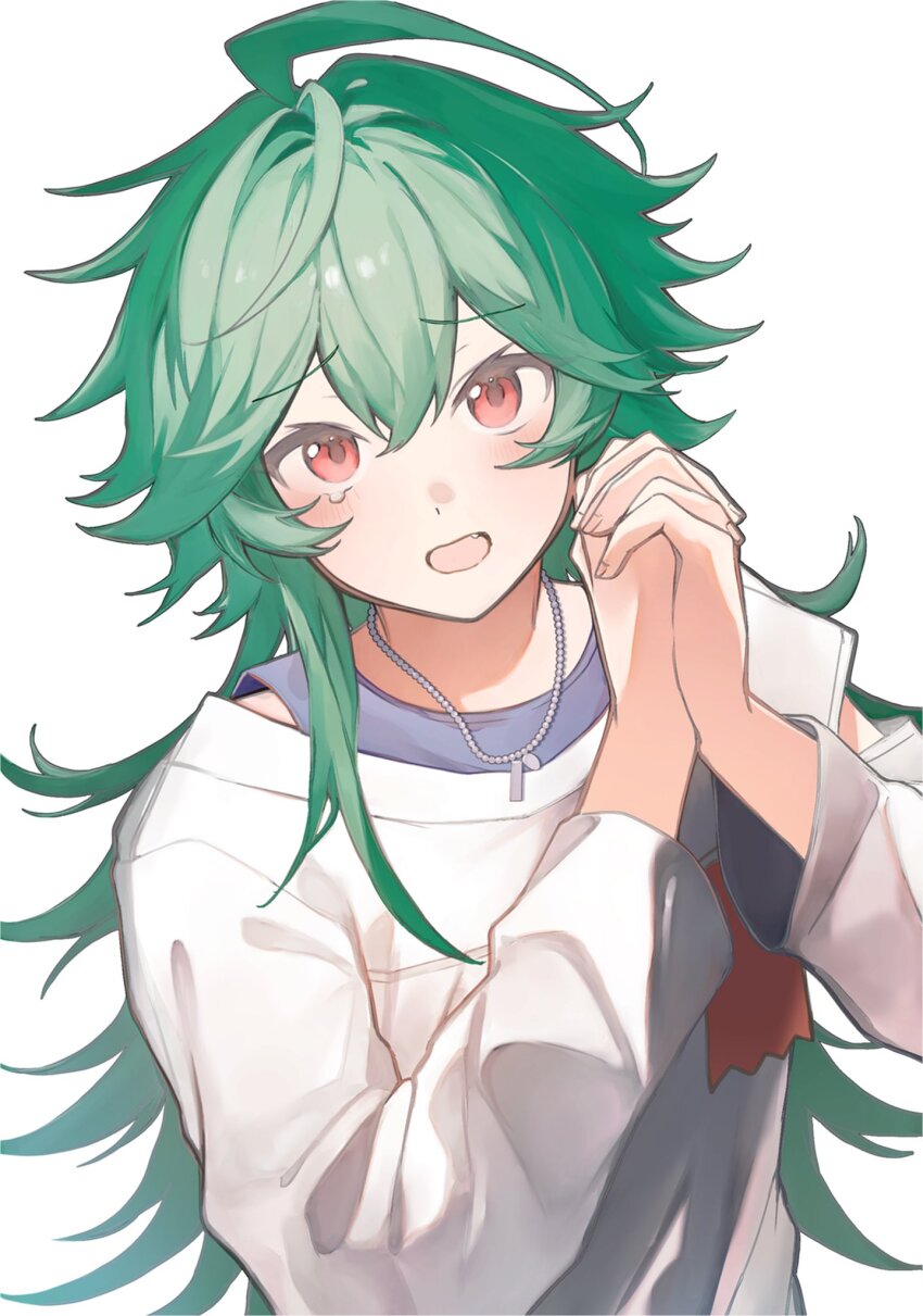 1boy, ahoge, arm_cutout, clothing_cutout, ensemble_stars!, green_hair, hair_between_eyes, highres