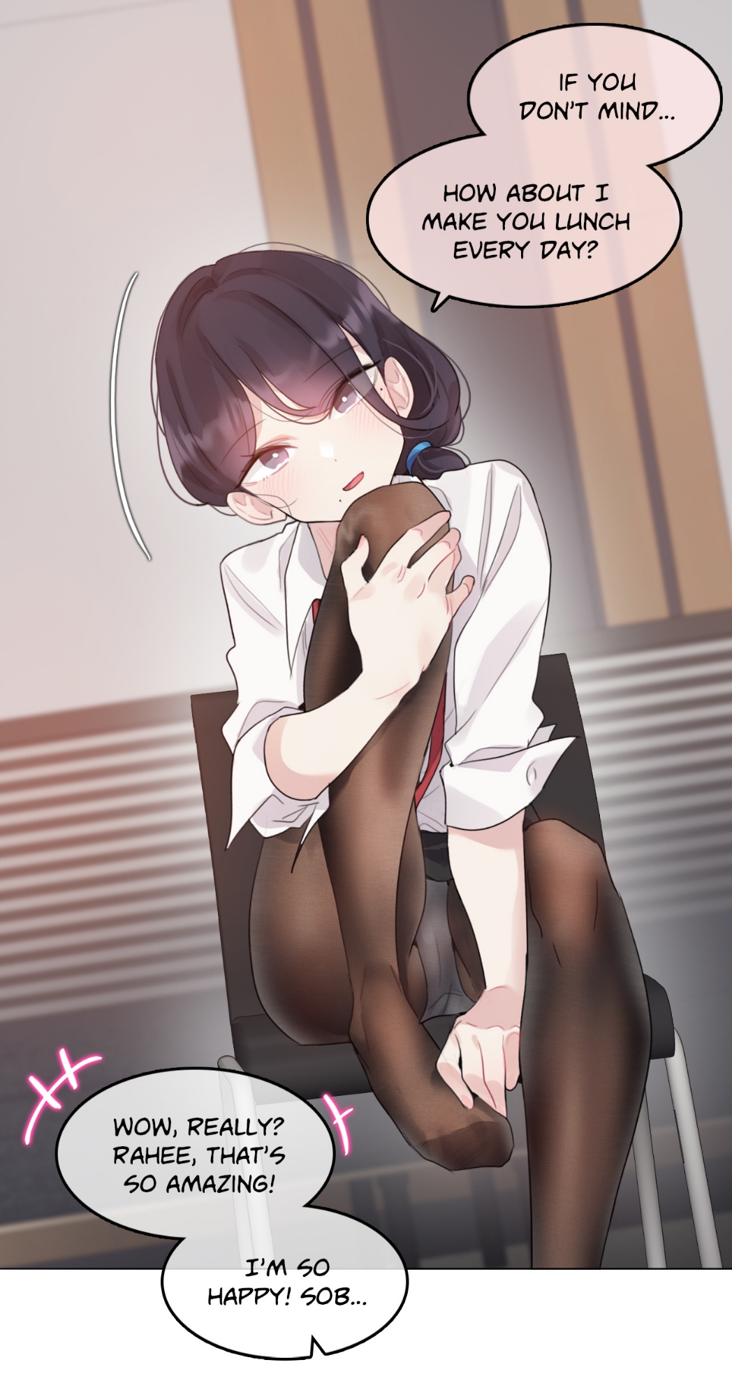 1boy, 1girl, a_pervert's_daily_life, alicecrazy, black_eyes, black_hair, black_pantyhose, black_skirt