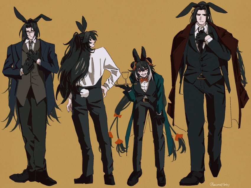 1girl, 3boys, alternate_costume, animal_ears, baconepibaby, black_eyes, black_gloves, black_hair