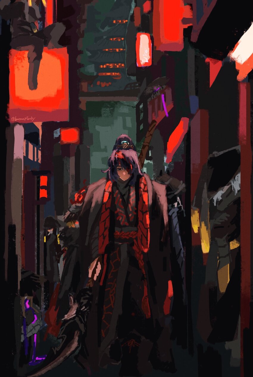 1girl, 2boys, 4others, baconepibaby, bandage_over_one_eye, black_eyes, black_hair, black_hanfu