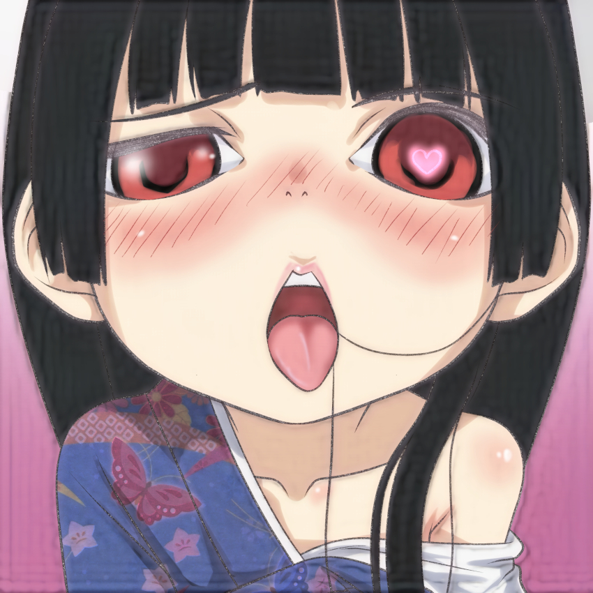 1girl, animal_print, black_hair, blue_kimono, blush, butterfly_print, collarbone, enma_ai